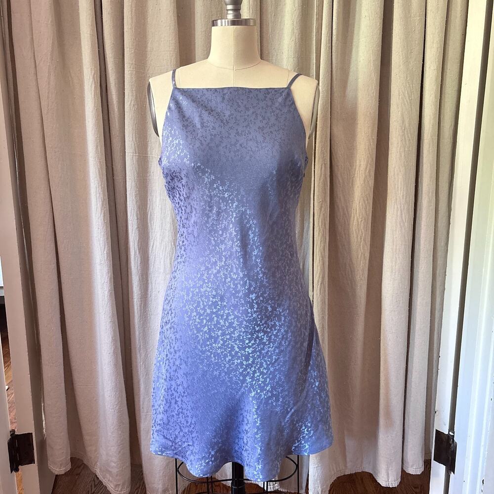 American Eagle Floral Jacquard Satin Thin Strap Mini Dress Periwinkle Medium Y2K